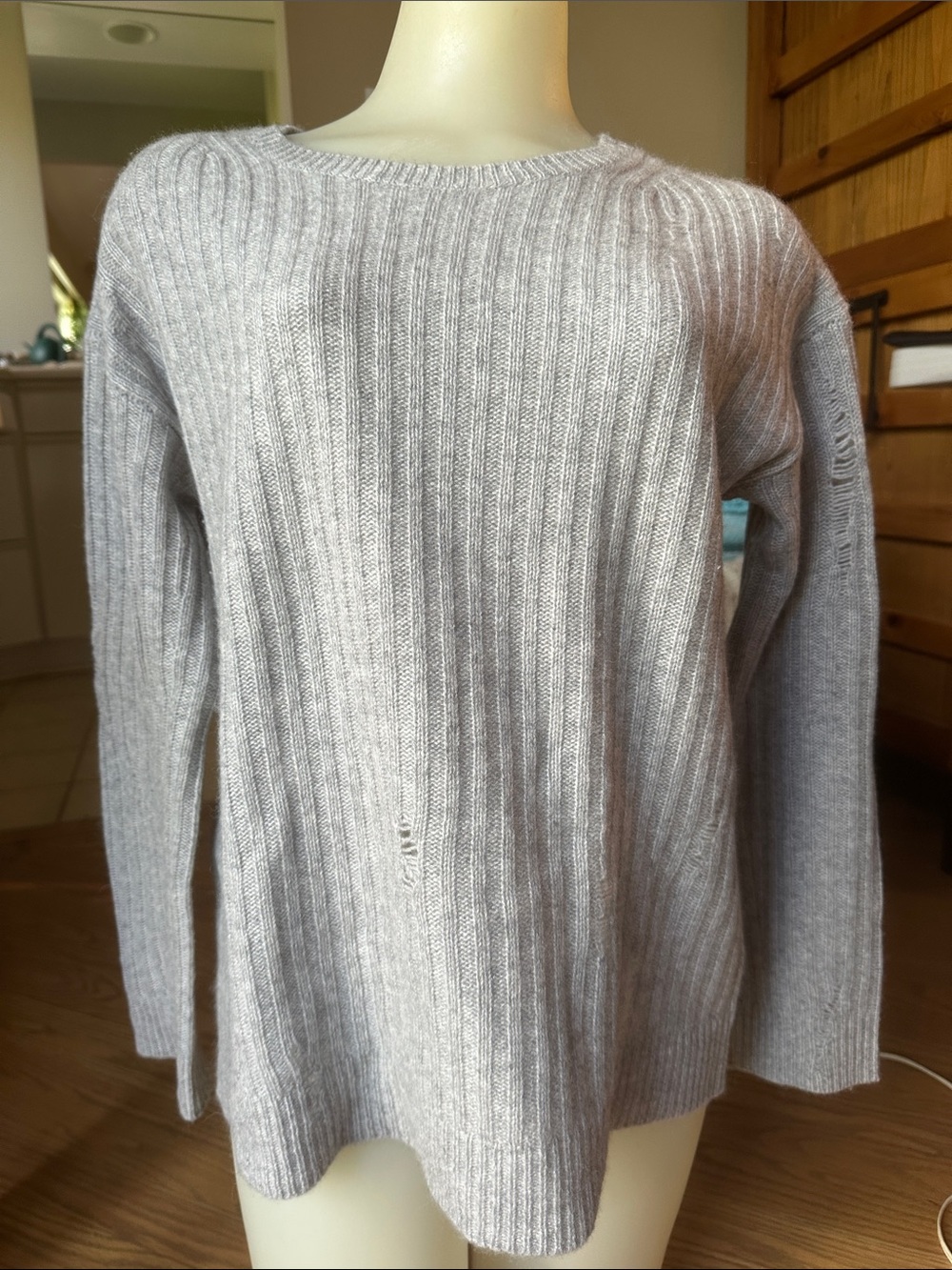 Light Gray Ribbed Cashmere Women's Sweater Intentionally Distressed size small